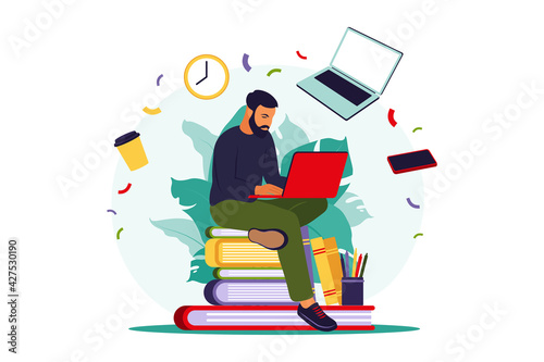 Student man with laptop studying on online course. Online education concept. Vector illustration. Flat.
