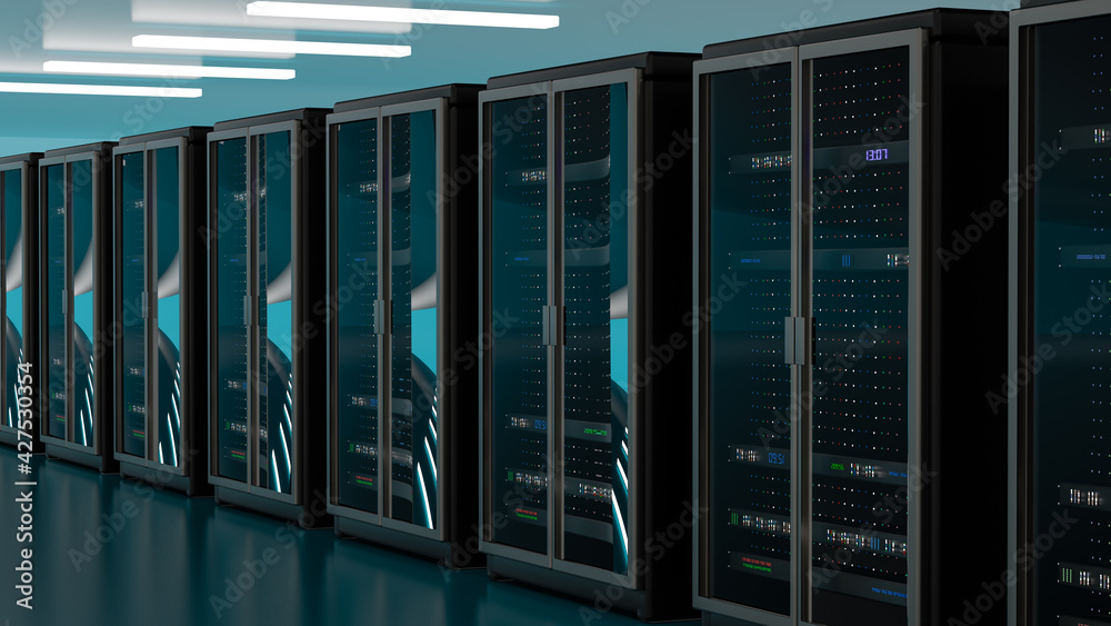 Server room data center. Backup, mining, hosting, mainframe, farm and computer rack with storage information. 3d render Server room data center. Backup, mining, hosting, mainframe, farm and computer rack with storage information. 3d render