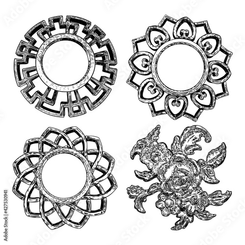 Set of vintage style floral circular cast stone design elements. Marble rosettes drawing for fashionable pattern in black white for textile, scarves, backgrounds. Vector.