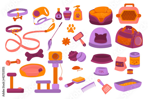 Vector set of accessories for pets. Soap accessories for cats and dogs isolated on white background. Pet carrier, food, sun beds, pet toys