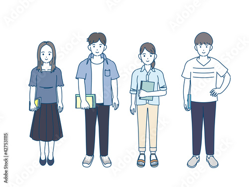 大学生　女子大生　若い男女　夏季　全身　イラスト素材