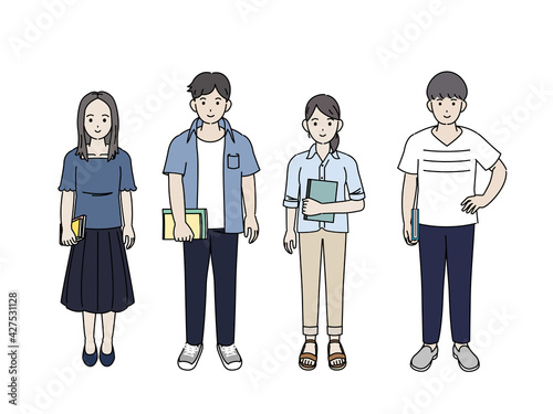大学生　女子大生　若い男女　夏季　全身　イラスト素材
