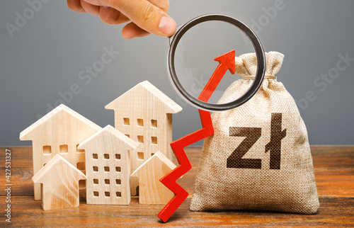 Polish zloty money bag and residential buildings with an up arrow. The concept of increasing the cost of housing. The growth of rent and mortgage rates. Raising rents, property taxes. Subsidized funds
