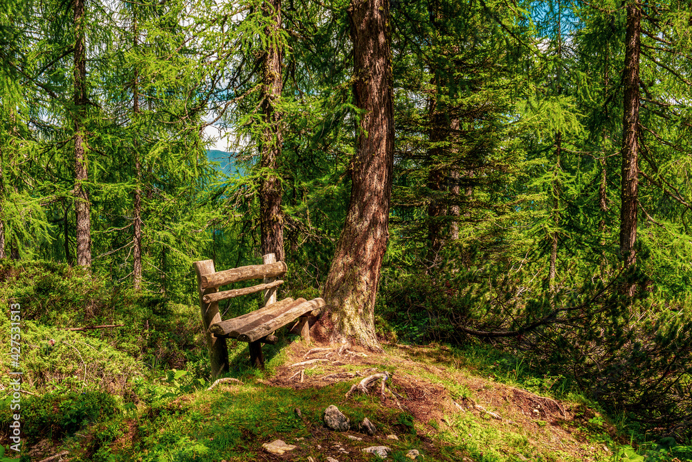 Wooden bench on hiking trails in the Dolomites, Italy. Wooden bench on hiking trails in the Dolomites, Italy.