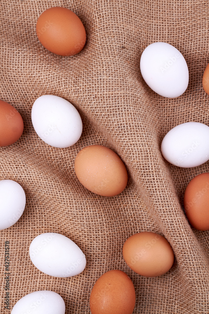 Eggs on a jute fabric. Eggs on a jute fabric.