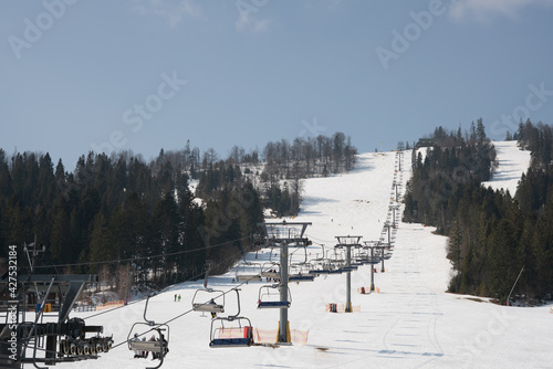 Ski slope and chairlift in winter. Mount Plai. Carpathians. Ukraine.