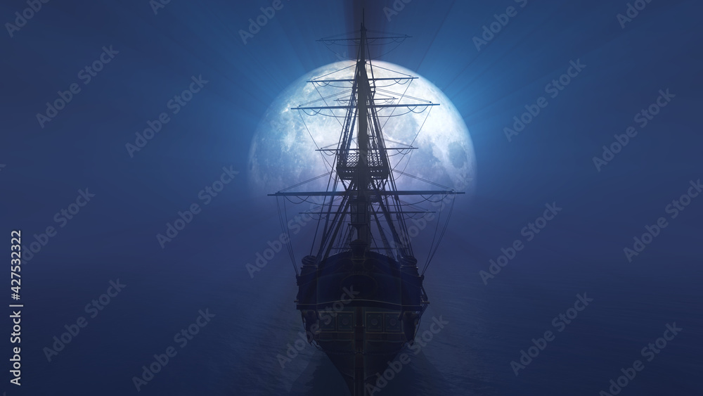 Naklejka premium old ship in sea full moon illustration