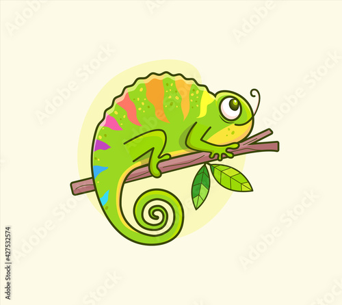 Funny colorful chameleon sitting on branch.Animal for design birthday cards veterinarian clinic posters pet shop sale ads fashion print stickers cards invites.Reptile in wild life.Vector illustration.