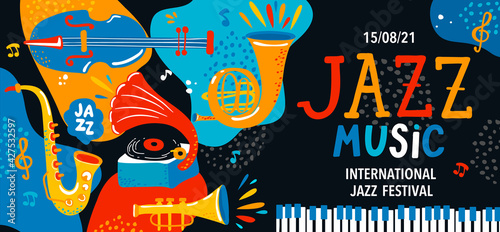 Summer international jazz music festival.Creative modern poster,banner,flyer with classic music instruments and handdrawn lettering.Vector illustration for music events,jazz concerts and other design.
