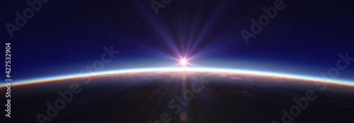 Canvas-taulu Earth sunrise from space over cloudy ocean. 3d rendering