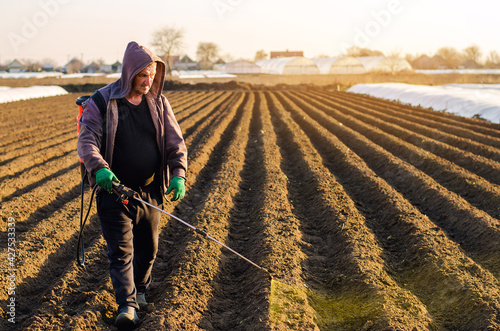 The farmer treats the field from weeds and grass for growing potatoes. Use chemicals in agriculture. Harvest processing. Agriculture and agribusiness. Protection and care. Growing vegetables