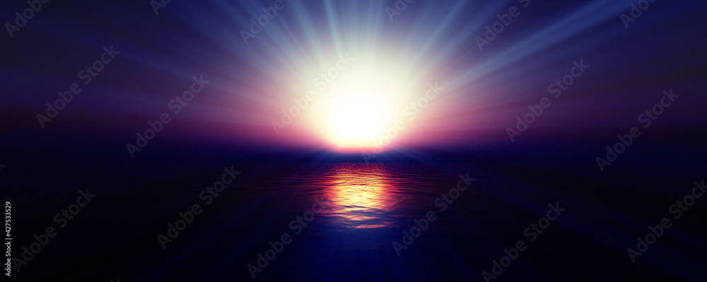 Obraz premium sunset sea sun ray clear sky. 3d rendering