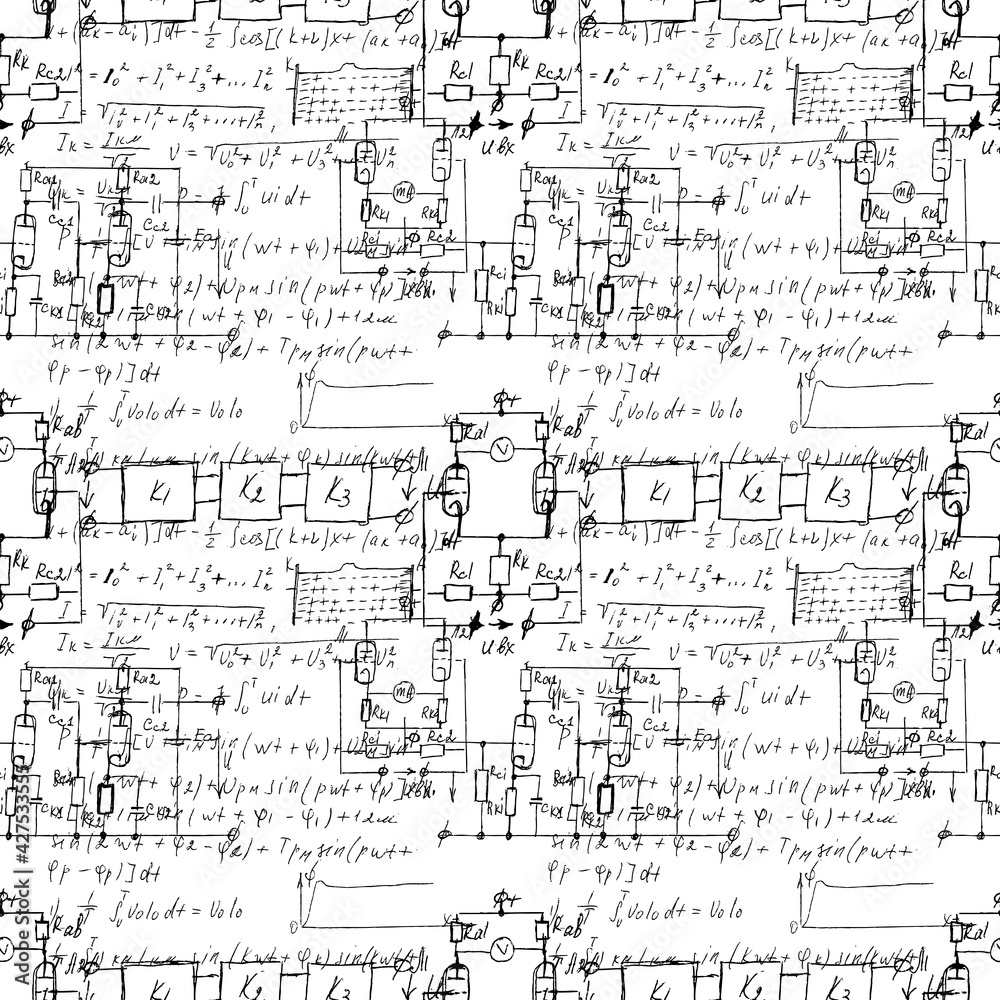Scientific seamless texture with handwritten formulas and electronic components. Drawing of various graph solutions on white. Physics and schematic diagram and circuit of  the devices. Vector.
