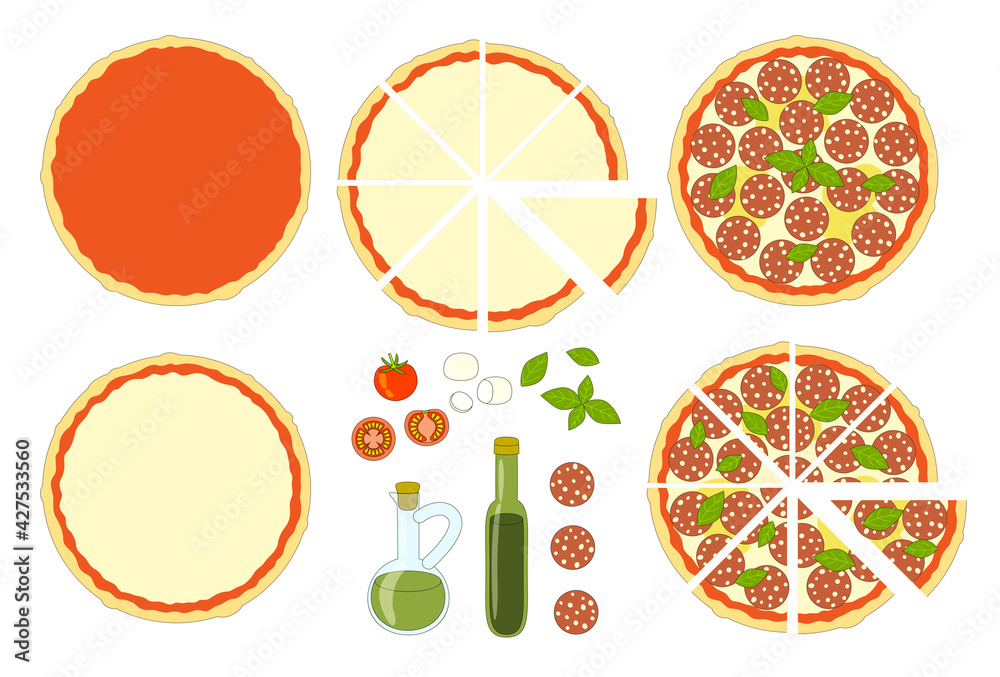 Pepperoni pizza set - dough, ingredients, whole and pizza slice isolated on white - vector design elements for cooking