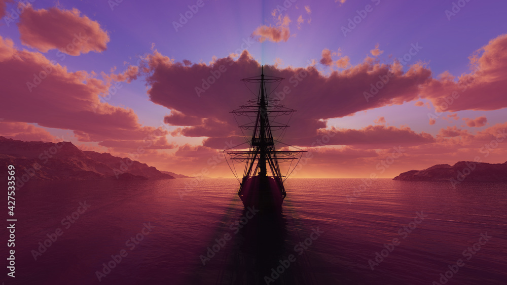 old ship sunset at sea 3d rendering