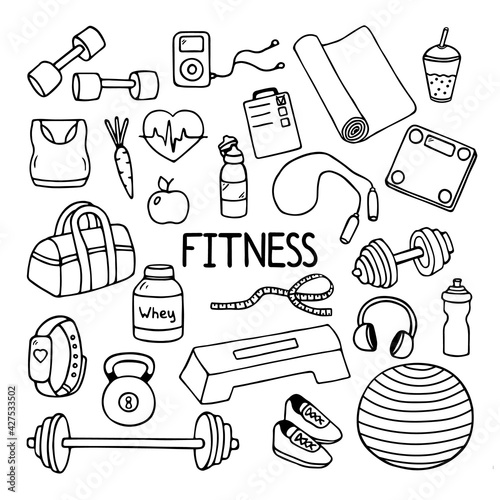 Fitness doodles set. Sketch of sport equipment with scales, barbell, ball, measuring tape, bottle, apple. Hand drawn vector illustration isolated on white background.