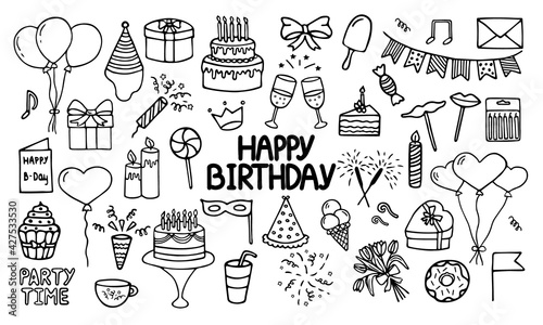 Set of Happy Birthday doodles. Sketch of party decoration, gift box, cake, party hats.
 Hand drawn vector illustration isolated on white background.
