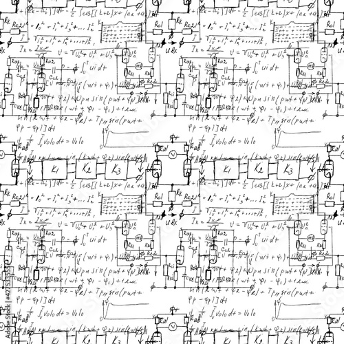 Scientific seamless texture with handwritten formulas and electronic components. Drawing of various graph solutions on white. Physics and schematic diagram and circuit of the devices. Vector.