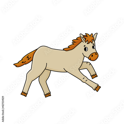 Profile Side view of a brown white beige baby horse foal. Cute outline vector cartoon animal runs and jumps, looks to the camera isolated on white background