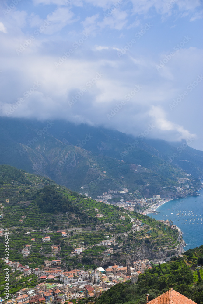 beautiful view of the Amalfi Coast from Ravello in Italy. the Mediterranean, the mountains and the city.