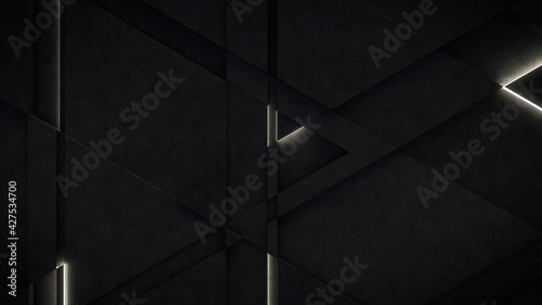 Dark, Concrete wall background, with integrated White light strips. Geometric Tech Wallpaper with Illuminated, Futuristic, 3D Blocks. 3D render photo