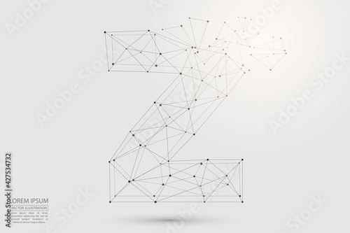 The destruction volumetric 3D letters dark gray on a white background. Consist of triangles, circles, lines, points and spider webs. Vector illustration eps 10.