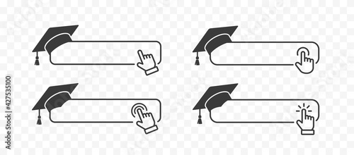 Click cursor icon with graduate college, high school or university cap isolated on transparent background. Vector black ceremony hat, educational student symbol, hand pointer and blank frame