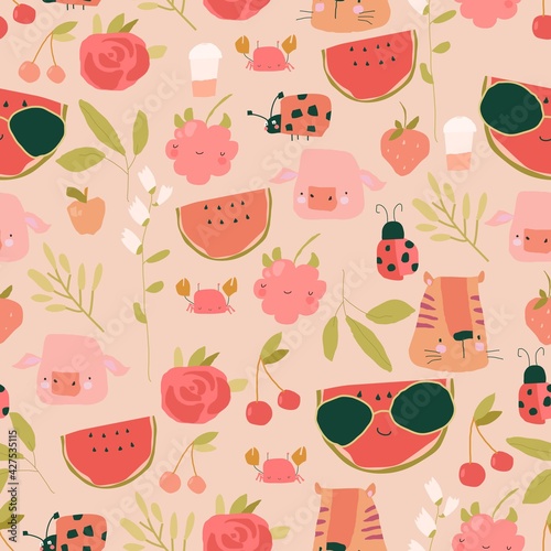 Seamless pattern with Cartoon Fruits, Animals and Plants on pink Background