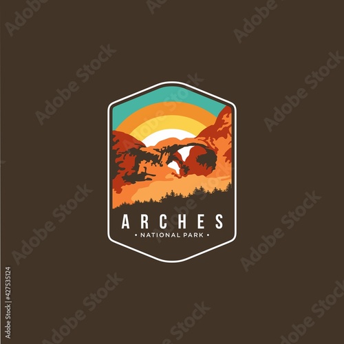 Photo Illustration of arches national park emblem patch logo on dark background