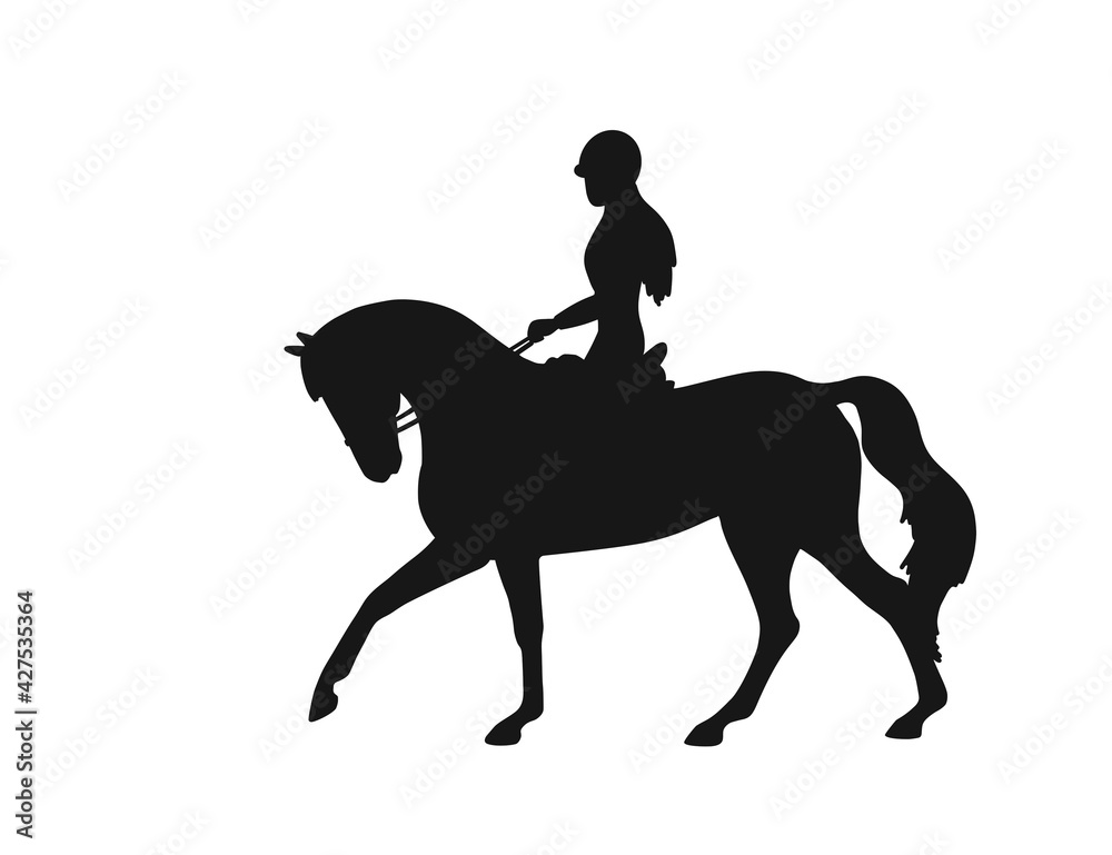Young girl riding cantering horse, vector silhouette