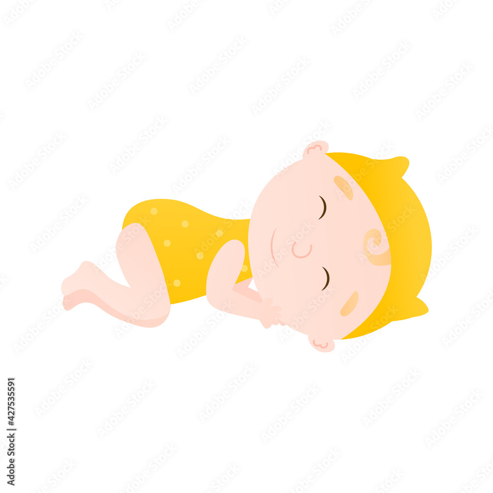 Cute toddler sleeping pose in cartoon style isolated on white background, baby development, colourful dotted singlet Cute toddler sleeping pose in cartoon style isolated on white background, baby development, colourful dotted singlet