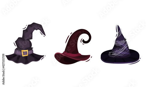 Witch Pointed Hat with Belt and Wide Brim Vector Set