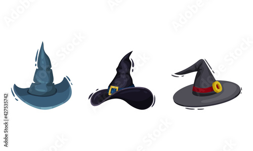 Witch Pointed Hat with Belt and Wide Brim Vector Set