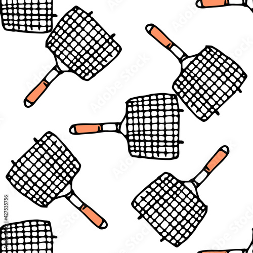 The vector seamless pattern of the grill grate pattern is hand-drawn in a doodle style with a black line and an orange pen on a white background. insulated element for picnic, outdoor barbecue