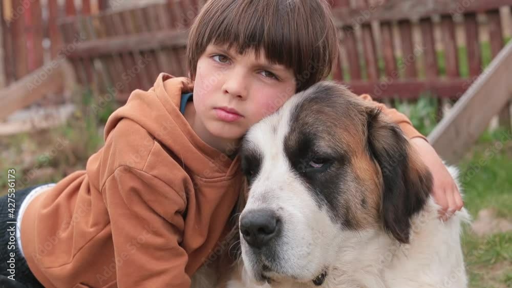 Portrait of a boy with a dog. Best friends. The sad look of a person and an animal during a forced parting. The very large breed is the Moscow Watchdog. Portrait of a boy with a dog. Best friends. The sad look of a person and an animal during a forced parting. The very large breed is the Moscow Watchdog.