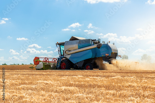 Scenic front view Big powerful industrial combine harvester machine reaping golden ripe wheat cereal field on bright summer or autumn day. Agricultural yellow field machinery landscape background