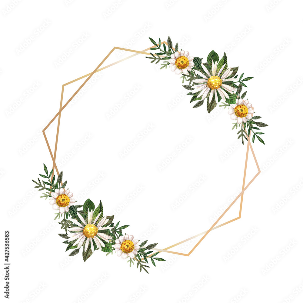 Obraz premium Gold frame with watercolor pressed and dried flower on white background