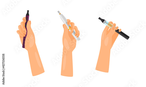 Hand with Electronic Cigarette Simulating Tobacco Smoking Vector Set