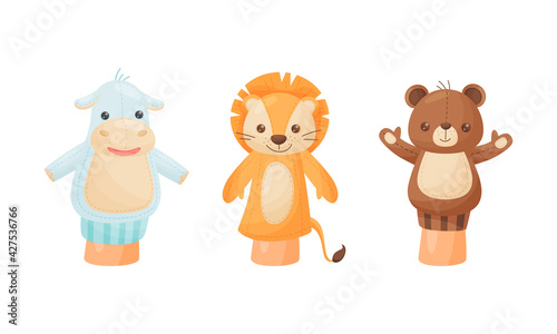Hand Puppet Toy Made from Fabric Wore by Hand Vector Set