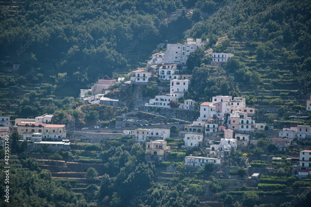 Beautiful view in Amalfi coast to houses in mountains. Italy.