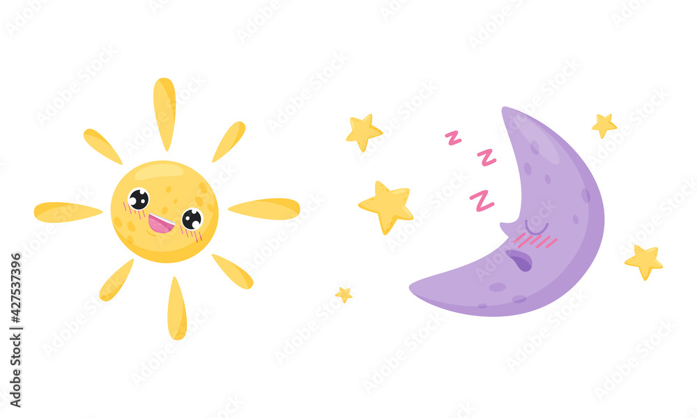 Cartoon Sun and Crescent with Different Facial Expression Vector Set