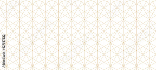 Golden lines pattern. Vector geometric seamless texture with delicate grid, thin lines, hexagons, triangles, diamonds. Abstract white and gold background. Art deco style ornament. Repeat geo design