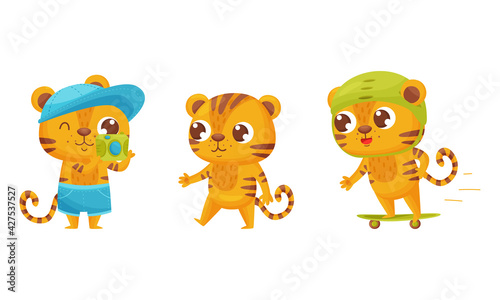 Cute Striped Tiger Skateboarding and Taking Photograph Vector Set