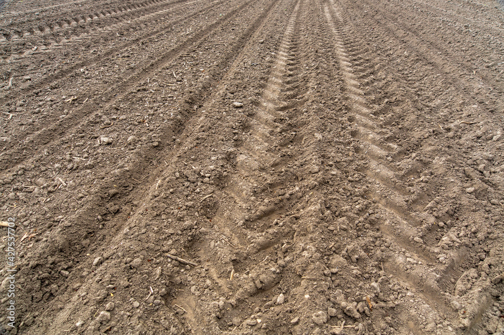 Black soil plowed field. Earth texture. Rustic background with traces of tread from tractor wheels Black soil plowed field. Earth texture. Rustic background with traces of tread from tractor wheels