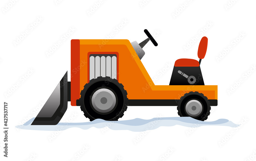 Heavy Equipment cleans the road from the snow. Road works. Snowplow equipment isolated on white background. Excavator bulldozer snowblower transportation
