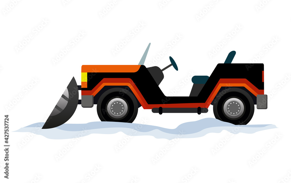 Equipment cleans the road from the snow. Road works. Snow plow equipment isolated on white background. Snow plow mini tractor, snowblower transportation Equipment cleans the road from the snow. Road works. Snow plow equipment isolated on white background. Snow plow mini tractor, snowblower transportation