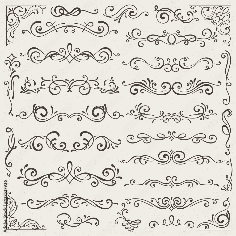 set of calligraphic design elements and page decorations. Elegant collection of hand drawn swirls and curls for your design. Isolated on beige background set of calligraphic design elements and page decorations. Elegant collection of hand drawn swirls and curls for your design. Isolated on beige background