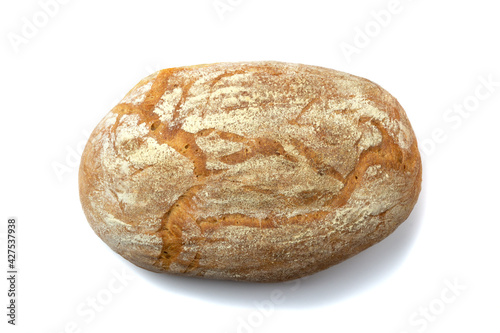 Top view of fresh baked homemade sourdough bread isolated on white background.