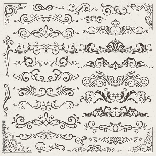 set of calligraphic design elements and page decorations. Elegant collection of hand drawn swirls and curls for your design. Isolated on beige background