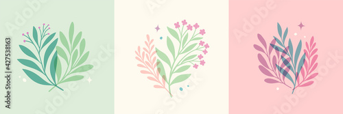 Vector modern floral arrangement background. Cute delicate botanical illustration with leaves and plants.